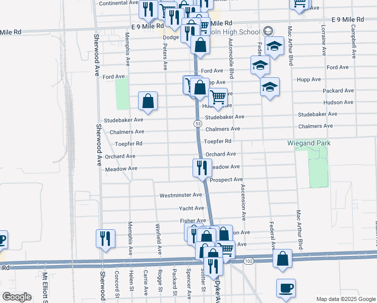 map of restaurants, bars, coffee shops, grocery stores, and more near 7589 Orchard Avenue in Warren