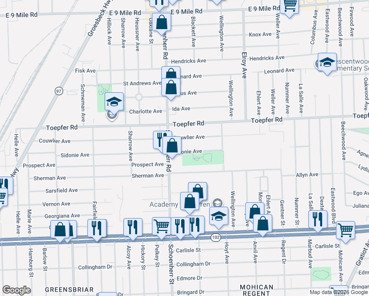 map of restaurants, bars, coffee shops, grocery stores, and more near 13639 Sidonie Avenue in Warren