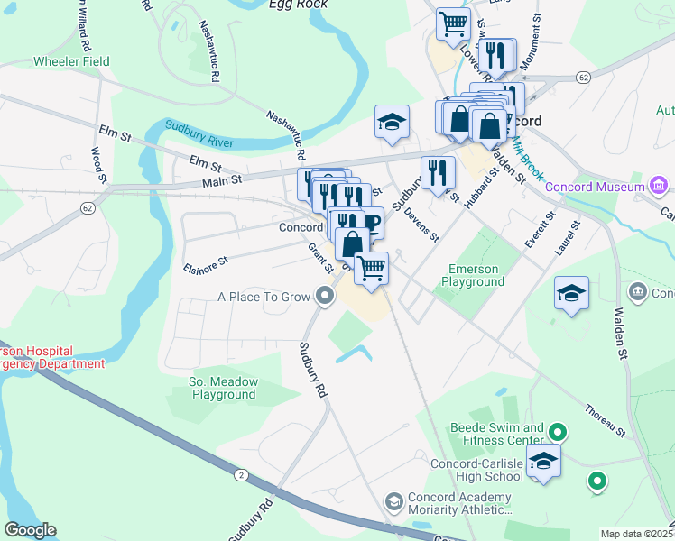 map of restaurants, bars, coffee shops, grocery stores, and more near 202 Sudbury Road in Concord