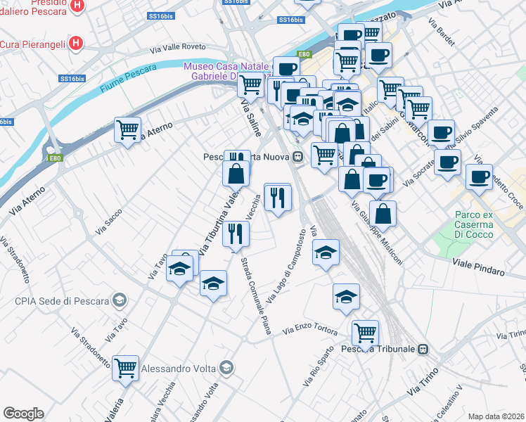 map of restaurants, bars, coffee shops, grocery stores, and more near Via Ciglia Cetteo in Pescara