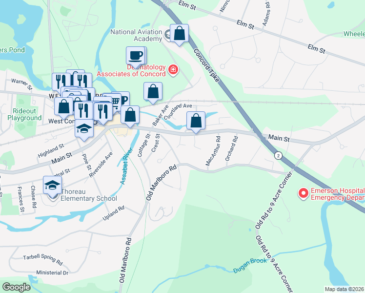 map of restaurants, bars, coffee shops, grocery stores, and more near 79 Old Bridge Road in Concord