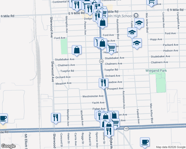 map of restaurants, bars, coffee shops, grocery stores, and more near 7541 Meadow Avenue in Warren