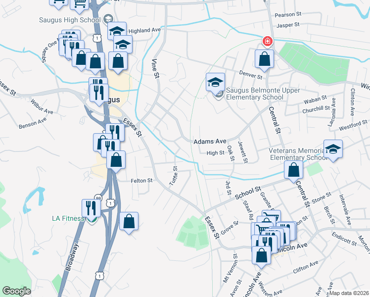 map of restaurants, bars, coffee shops, grocery stores, and more near 29 Tuttle Street in Saugus