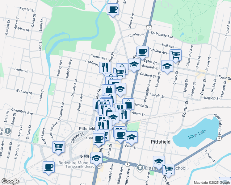 map of restaurants, bars, coffee shops, grocery stores, and more near 4 Maplewood Avenue in Pittsfield