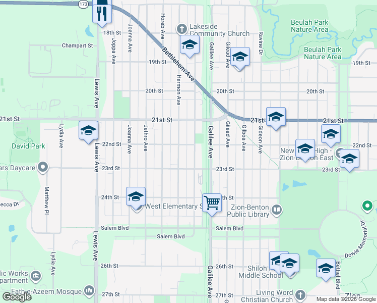 map of restaurants, bars, coffee shops, grocery stores, and more near 2215 Hermon Avenue in Zion
