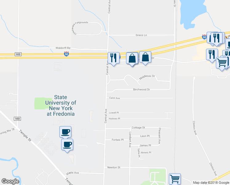 map of restaurants, bars, coffee shops, grocery stores, and more near 2 Birchwood Drive in Fredonia