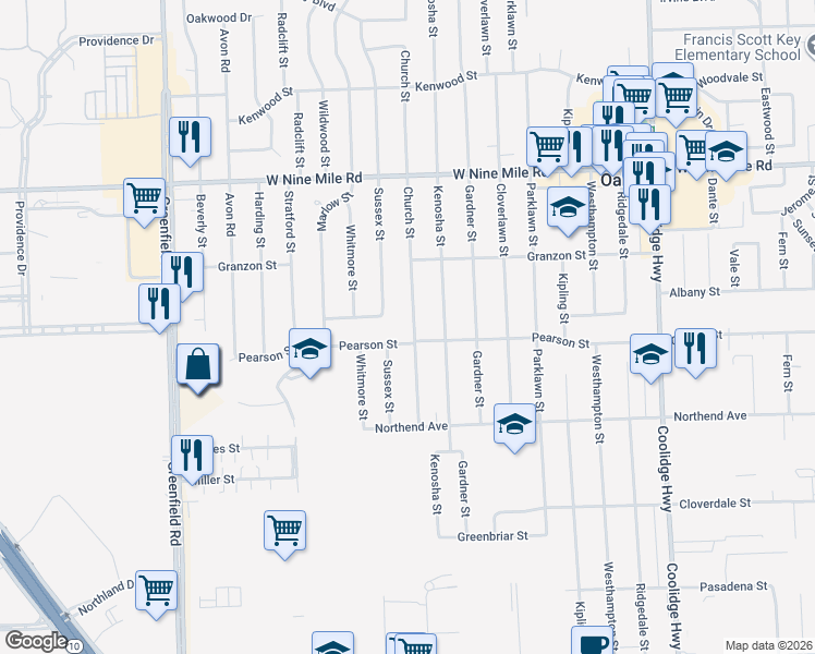 map of restaurants, bars, coffee shops, grocery stores, and more near 14401 Pearson Street in Oak Park