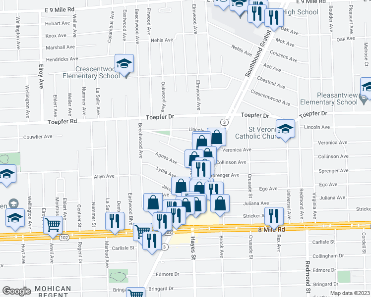 map of restaurants, bars, coffee shops, grocery stores, and more near 14845 Collinson Avenue in Eastpointe