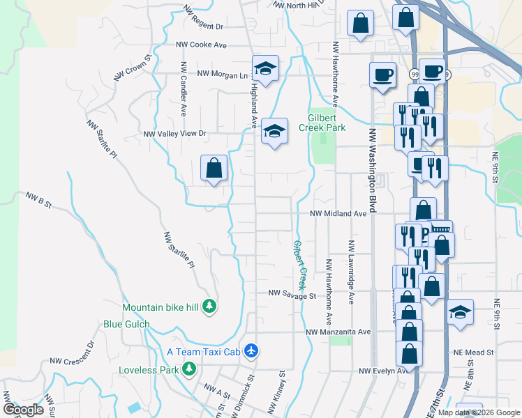 map of restaurants, bars, coffee shops, grocery stores, and more near 722 Northwest Sandy Drive in Grants Pass