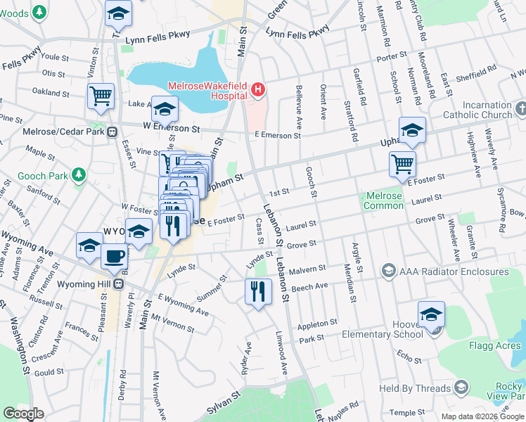 map of restaurants, bars, coffee shops, grocery stores, and more near 28 Cass Street in Melrose