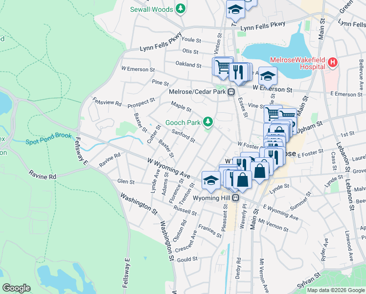 map of restaurants, bars, coffee shops, grocery stores, and more near 24 Cleveland Street in Melrose