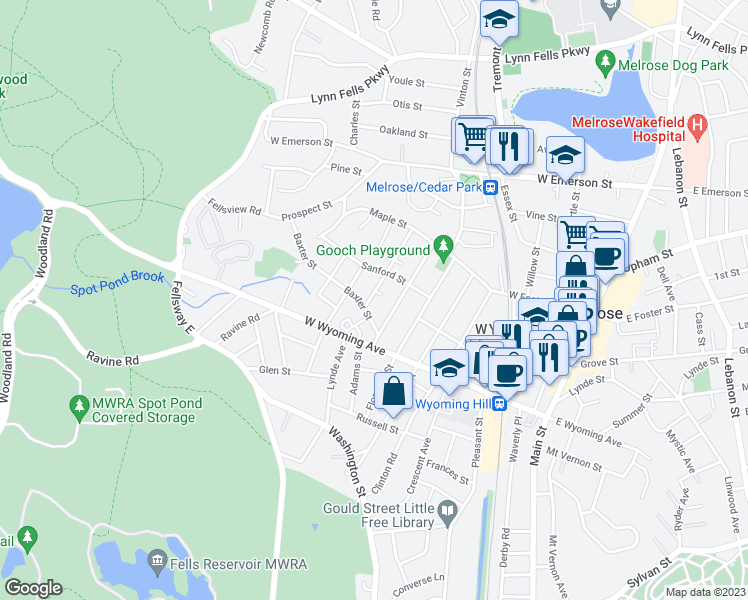 map of restaurants, bars, coffee shops, grocery stores, and more near 24 Cleveland Street in Melrose