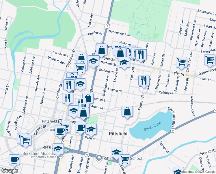 map of restaurants, bars, coffee shops, grocery stores, and more near 213 2nd Street in Pittsfield