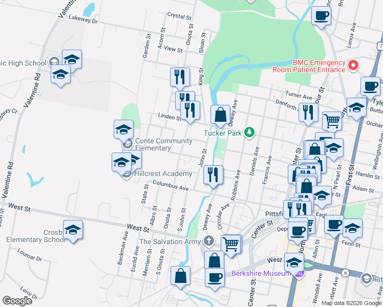 map of restaurants, bars, coffee shops, grocery stores, and more near 43 West Union Street in Pittsfield