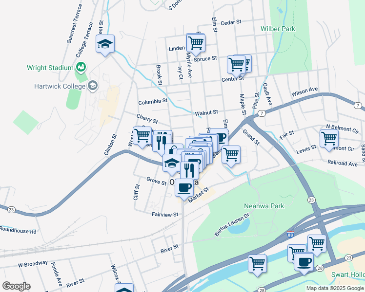 map of restaurants, bars, coffee shops, grocery stores, and more near 62 Chestnut Street in Oneonta