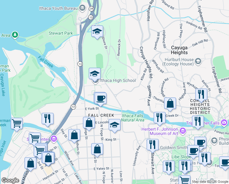 map of restaurants, bars, coffee shops, grocery stores, and more near 123 Kline Road in Ithaca
