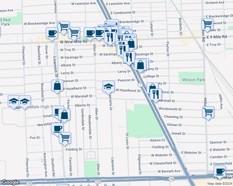 map of restaurants, bars, coffee shops, grocery stores, and more near 333 West Marshall Street in Ferndale