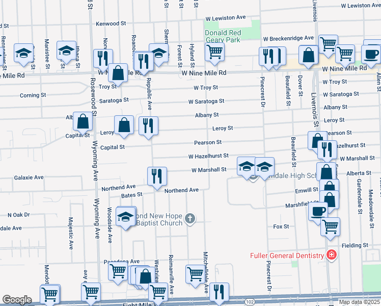 map of restaurants, bars, coffee shops, grocery stores, and more near 1486 West Marshall Street in Ferndale