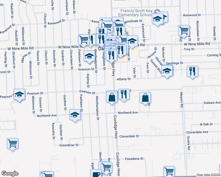 map of restaurants, bars, coffee shops, grocery stores, and more near 13631 Pearson Street in Oak Park