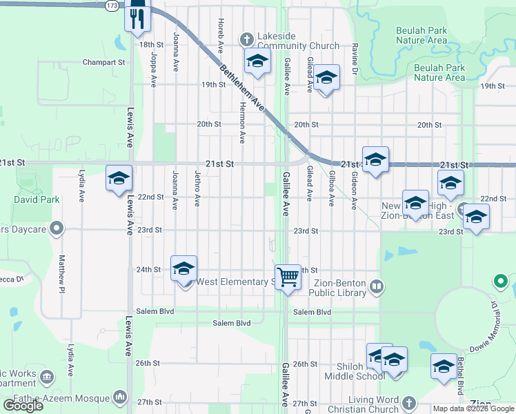 map of restaurants, bars, coffee shops, grocery stores, and more near 2204 Hebron Avenue in Zion