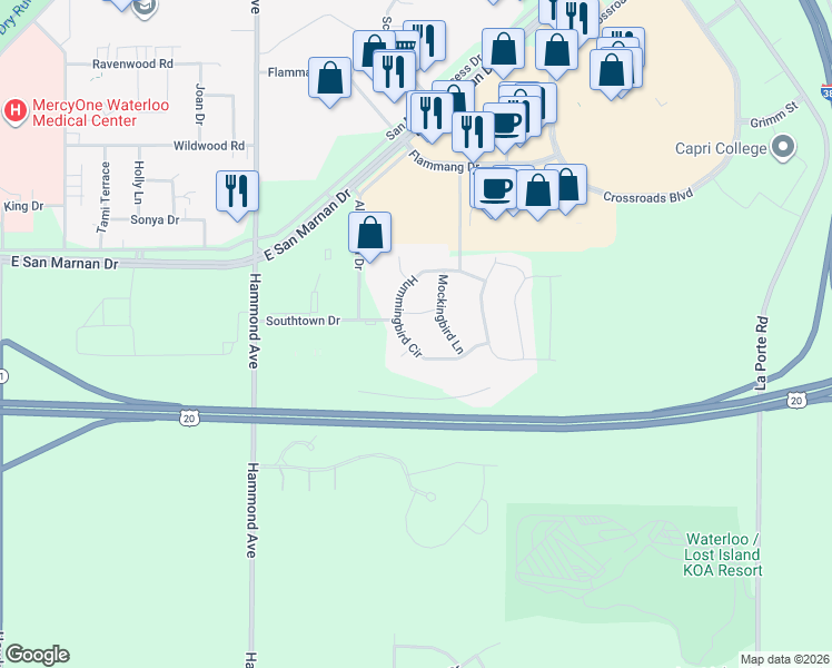 map of restaurants, bars, coffee shops, grocery stores, and more near 1406 Hummingbird Circle in Waterloo