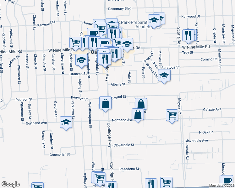 map of restaurants, bars, coffee shops, grocery stores, and more near 21790 Coolidge Highway in Oak Park