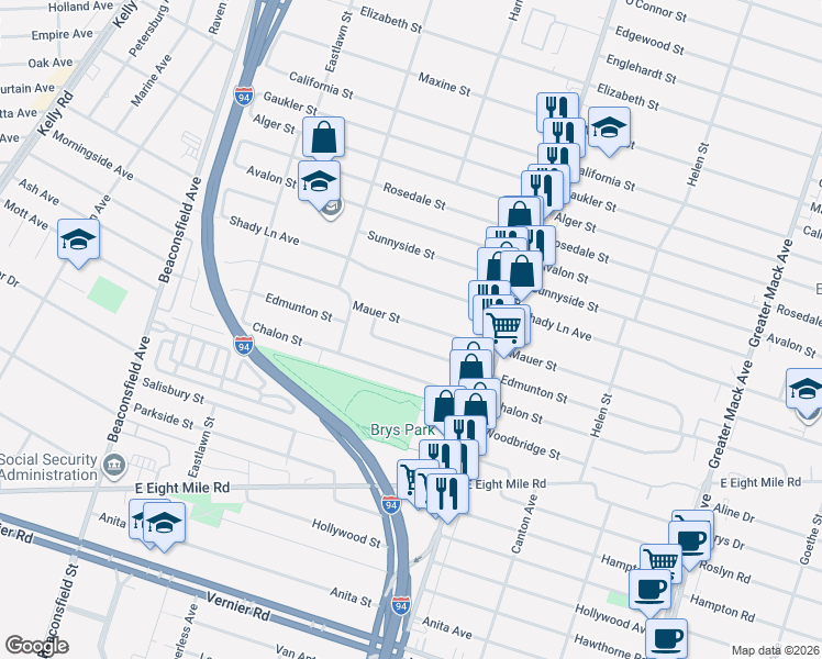 map of restaurants, bars, coffee shops, grocery stores, and more near 20324 Edmunton Street in St. Clair Shores