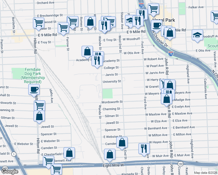 map of restaurants, bars, coffee shops, grocery stores, and more near 1701 East Marshall Street in Ferndale