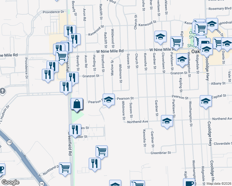map of restaurants, bars, coffee shops, grocery stores, and more near 15001 Pearson Street in Oak Park