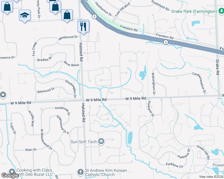 map of restaurants, bars, coffee shops, grocery stores, and more near 36860 Elia Court in Farmington Hills