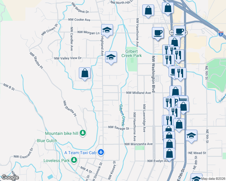 map of restaurants, bars, coffee shops, grocery stores, and more near 722 Northwest Sandy Drive in Grants Pass