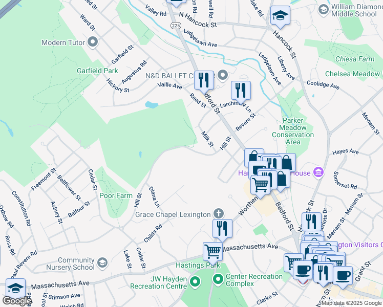 map of restaurants, bars, coffee shops, grocery stores, and more near 36 Hill Street in Lexington