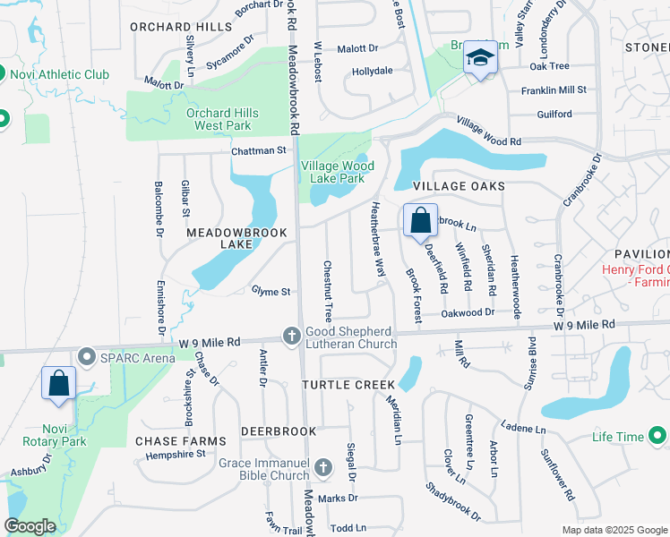 map of restaurants, bars, coffee shops, grocery stores, and more near 22617 Shadowpine Way in Novi