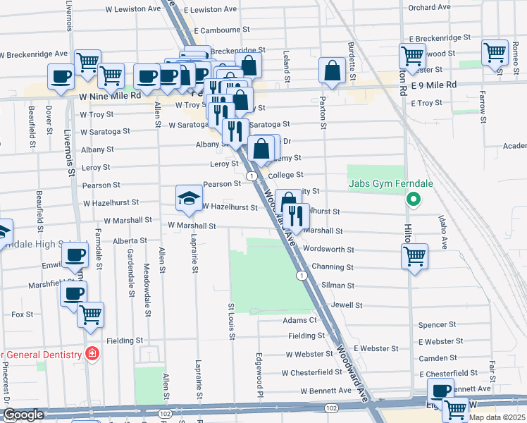 map of restaurants, bars, coffee shops, grocery stores, and more near 22007 Woodward Avenue in Ferndale