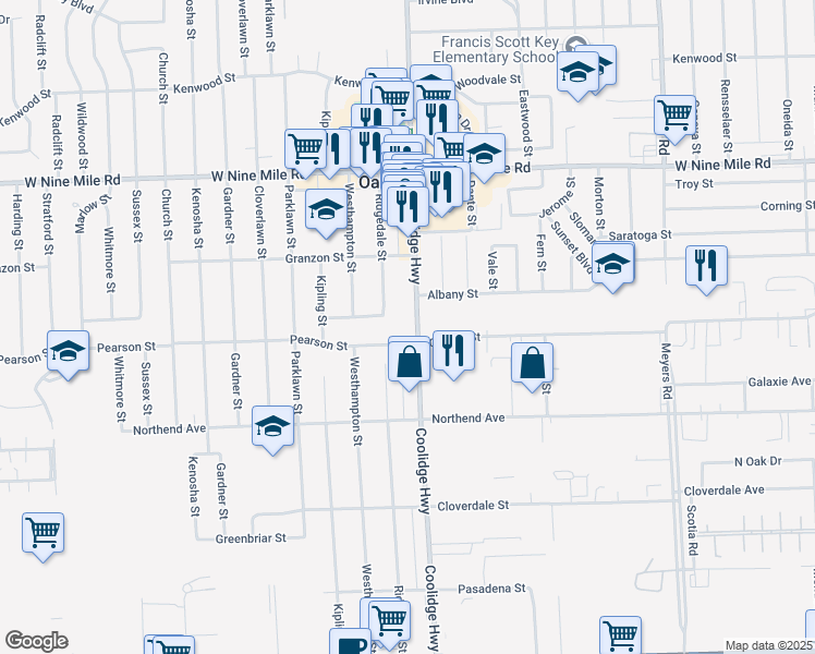 map of restaurants, bars, coffee shops, grocery stores, and more near 21815 Coolidge Highway in Oak Park