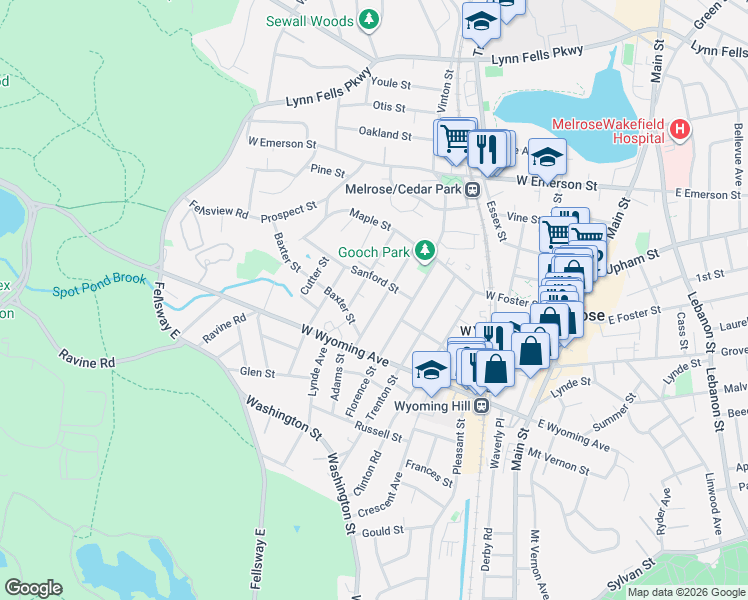 map of restaurants, bars, coffee shops, grocery stores, and more near 46 Sanford Street in Melrose