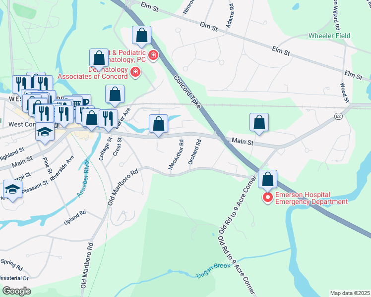map of restaurants, bars, coffee shops, grocery stores, and more near 949 Main Street in Concord