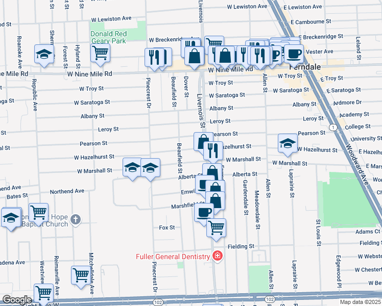 map of restaurants, bars, coffee shops, grocery stores, and more near 1201 Livernois in Ferndale