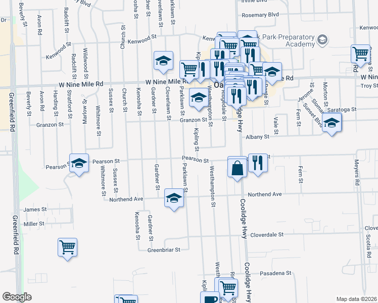 map of restaurants, bars, coffee shops, grocery stores, and more near 21870 Kipling Street in Oak Park