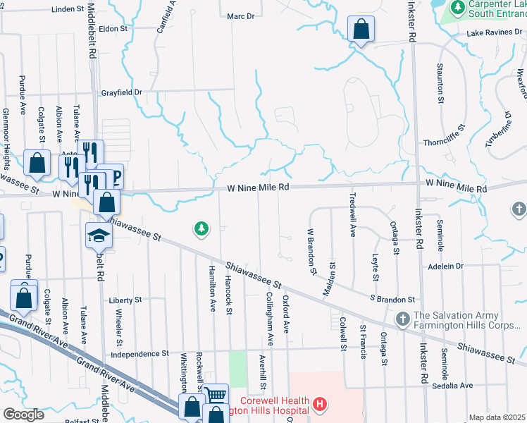 map of restaurants, bars, coffee shops, grocery stores, and more near 22238 Averhill Street in Farmington Hills