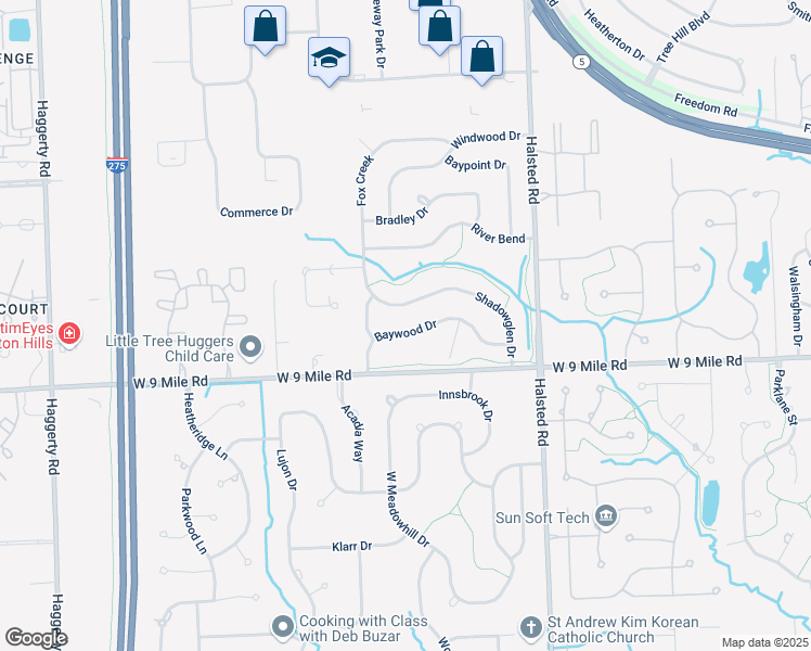 map of restaurants, bars, coffee shops, grocery stores, and more near 22788 Shadowglen Drive in Farmington Hills