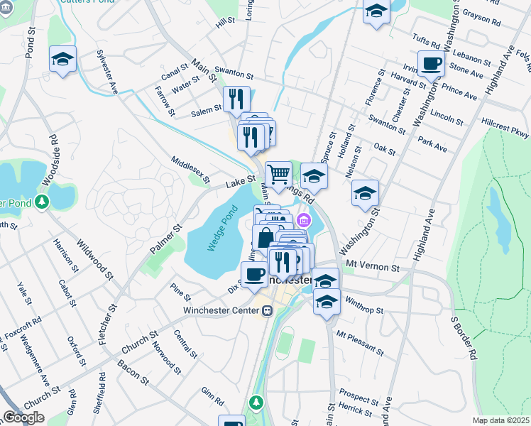 map of restaurants, bars, coffee shops, grocery stores, and more near 695 Main Street in Woburn