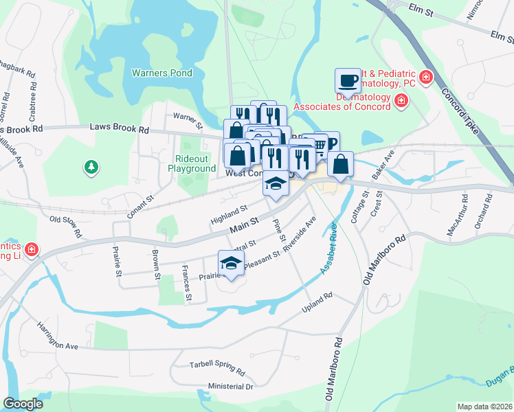 map of restaurants, bars, coffee shops, grocery stores, and more near 15 Junction Square Drive in Concord