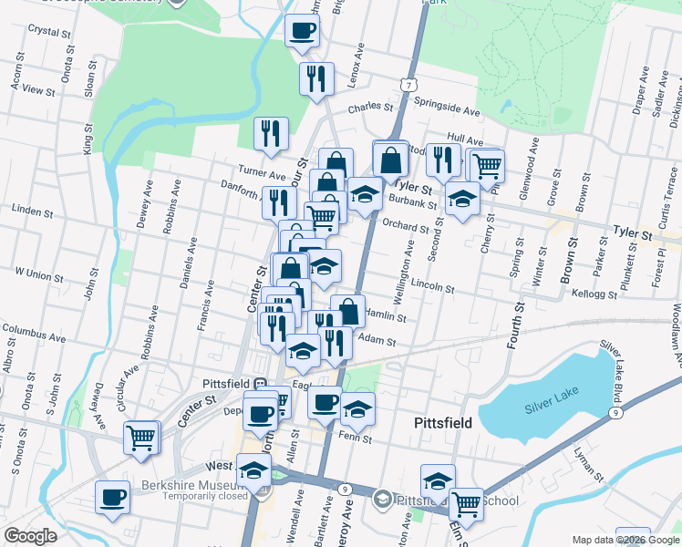 map of restaurants, bars, coffee shops, grocery stores, and more near 233 1st Street in Pittsfield