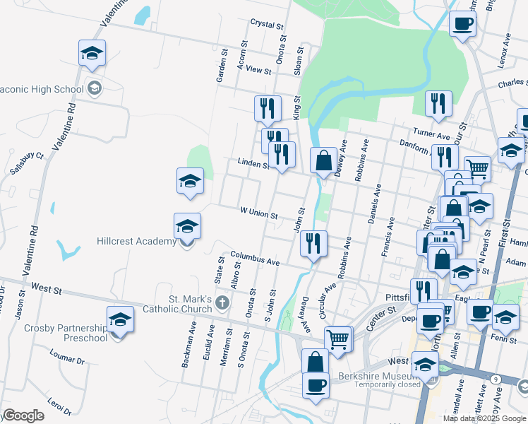 map of restaurants, bars, coffee shops, grocery stores, and more near 26 Indian Street in Pittsfield