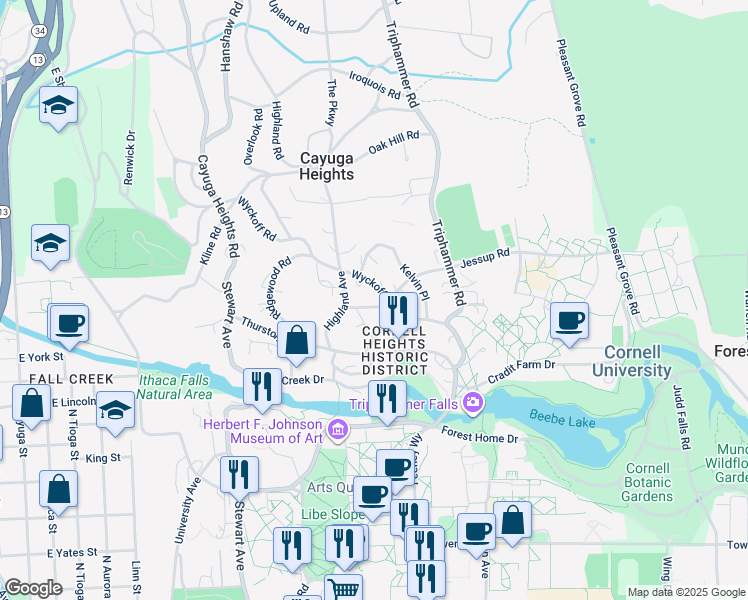 map of restaurants, bars, coffee shops, grocery stores, and more near 425 Wyckoff Avenue in Ithaca