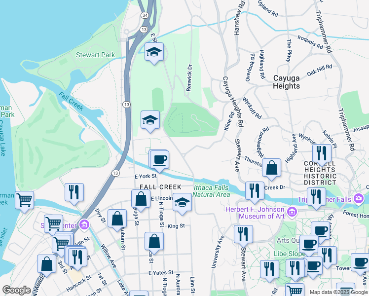 map of restaurants, bars, coffee shops, grocery stores, and more near in Ithaca