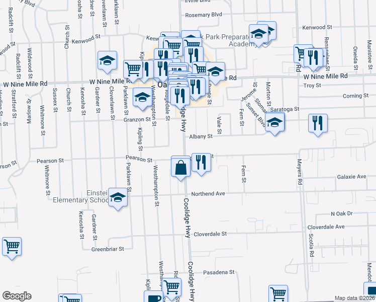 map of restaurants, bars, coffee shops, grocery stores, and more near 13441 Albany Street in Oak Park