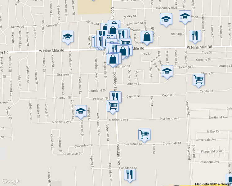 map of restaurants, bars, coffee shops, grocery stores, and more near 21830 Coolidge Highway in Oak Park
