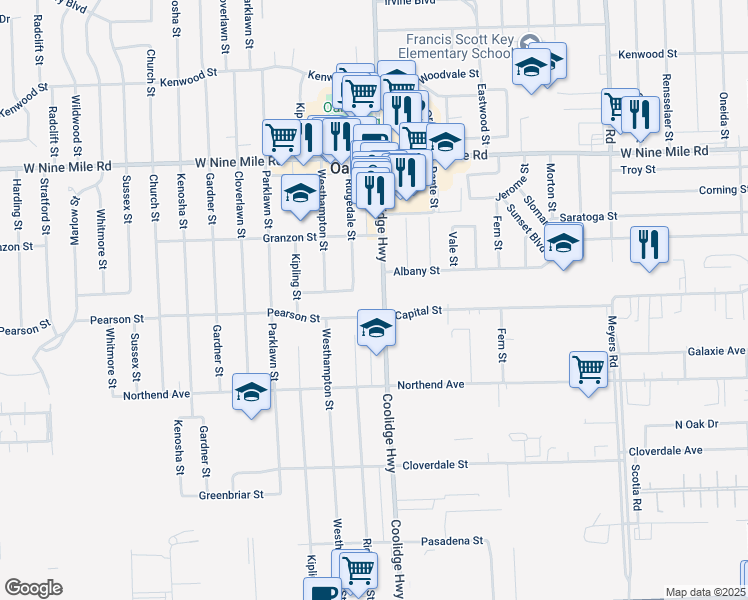 map of restaurants, bars, coffee shops, grocery stores, and more near 21861 Coolidge Highway in Oak Park
